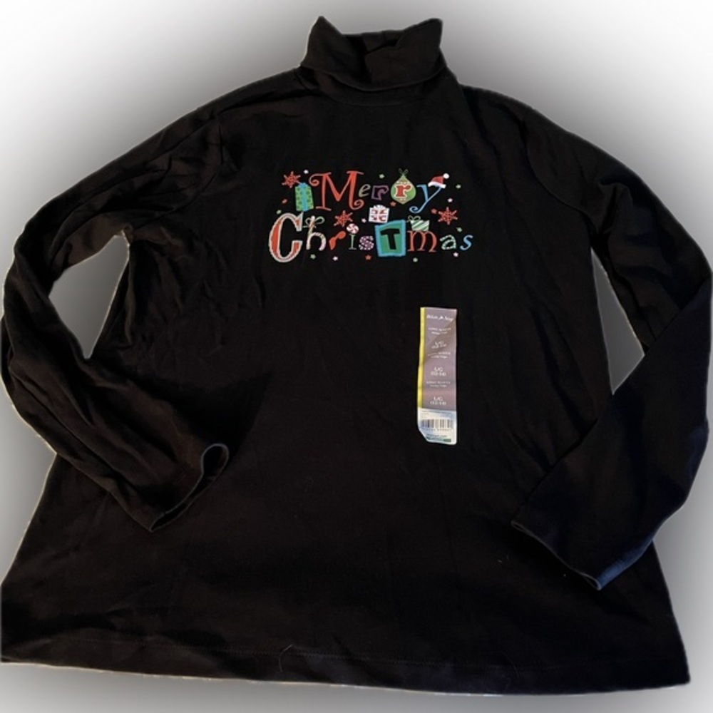 Merry Christmas Black Turtleneck Long Sleeve Shirt Large